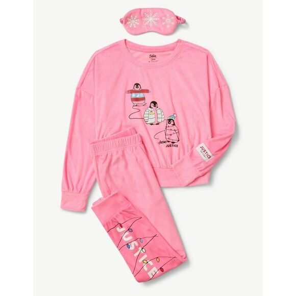NWT Justice 3 Pcs Pink XL (16-18) Long Sleeve Top, Jogger & Eyemask, Pajama Set - Picture 8 of 12